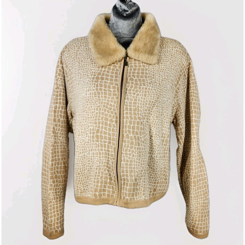 Liz Claiborne Vintage Giraffe Print Faux Fur Collar Cardigan Zip Up‎ Sweater Med